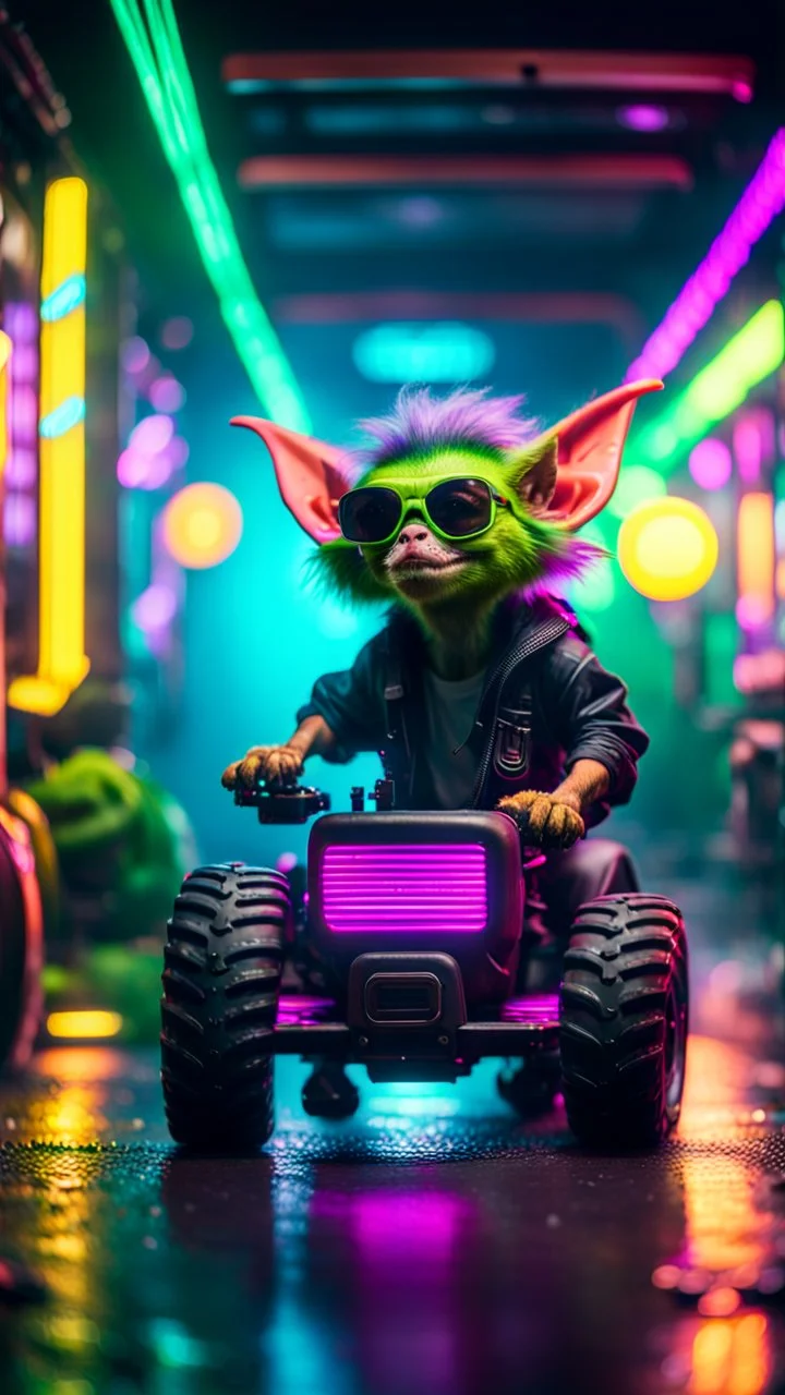 portrait of Hairy Gremlin myth buster pimp ninja yoga cyber punk in flying hipster lawn tractor parked in dark neon lit reflective misty wet arcade hall tunnel,bokeh like f/0.8, tilt-shift lens 8k, high detail, smooth render, down-light, unreal engine, prize winning