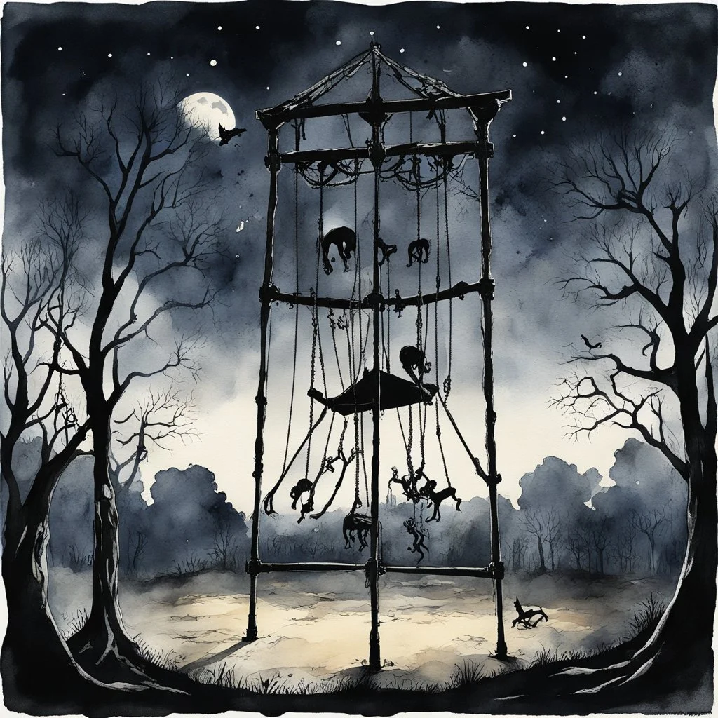 creepy dark watercolor, creepy playground at night lit by moonlight, silhouette of giant swing set made of bones, eerie small people swinging from swing seats impossibly dangerously high off ground, pagan goat skull trophy adorns top of swing set, horror realism, creepy, sinister