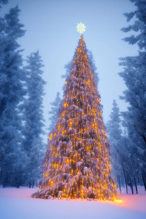 Huge lonely Christmas tree full of lights in a dark snowy forest, multiple deer, cabin with lights