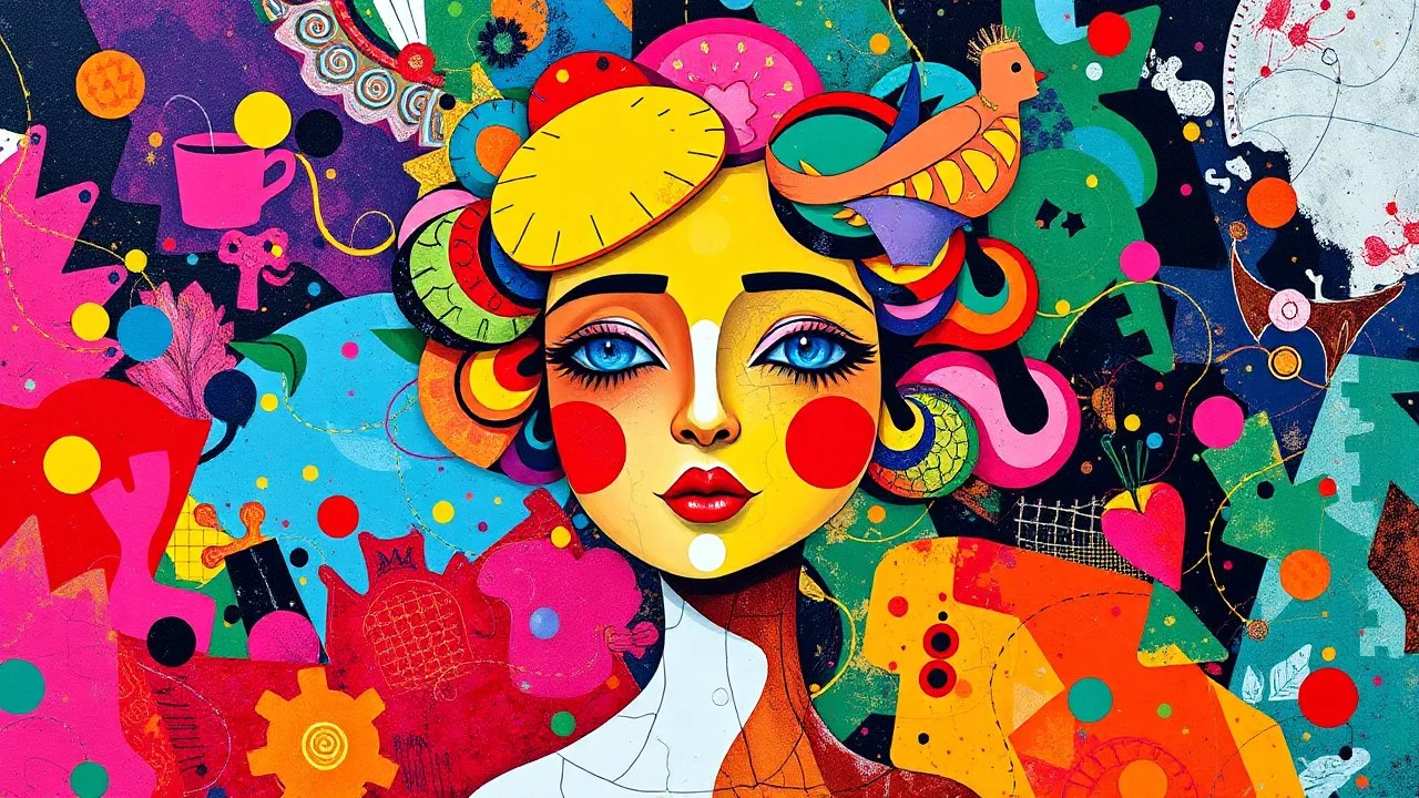 Inspired by frakenthaler Vibrant, abstract, whimsical, Full figure, head girl, white granite thought-provoking, balanced, funky, energetic, decorative, dramatic, surrealistic, cheerful, ornamental, handcrafted by geacometticonnection through vibrant abstraction, blending individuality and unity. Fragmented forms and bold colors symbolize emotional complexity, inviting reflection on relationships, communication, and the beauty of shared understanding. Kusuma. geometric,