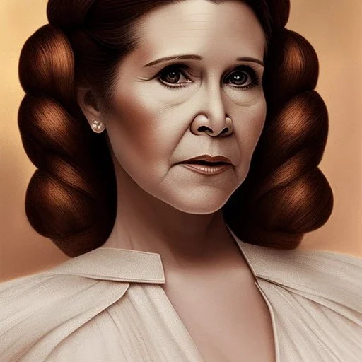 hyperspace background, complete and photo realistic detailed head to waist stunning photo realistic portrait of carrie fisher as Princess Leia in star wars with photo realistic minimal updo hair by Mandy Jurgens and mucha and Richard Schmid and chuck close and chie yoshii, extraordinary and detailed ceremony dress of star wars,brown eyes