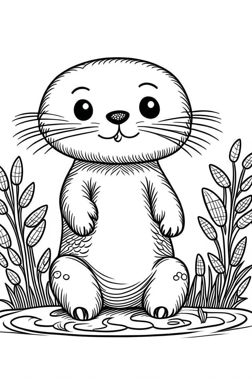 cute coloring page, sketch style, cute baby otter in the wood, cute cartoon, white and black, withe background, no shadows, outline.