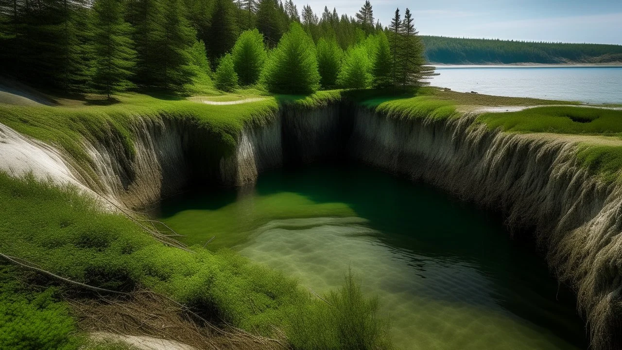 Buried depth atop a harbour in a coastal forest with pasture and potable water from pools.