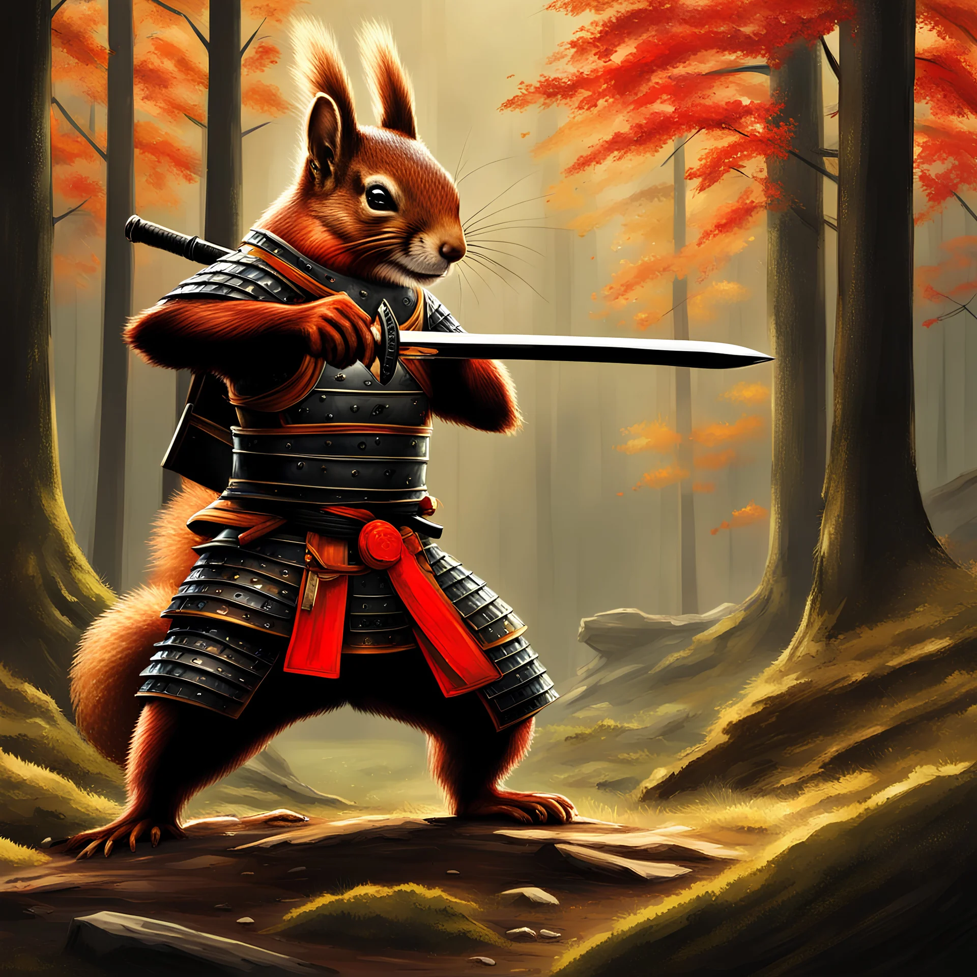 red squirrel samurai in black and gold armor drawing a katana standing in forest realistic painting