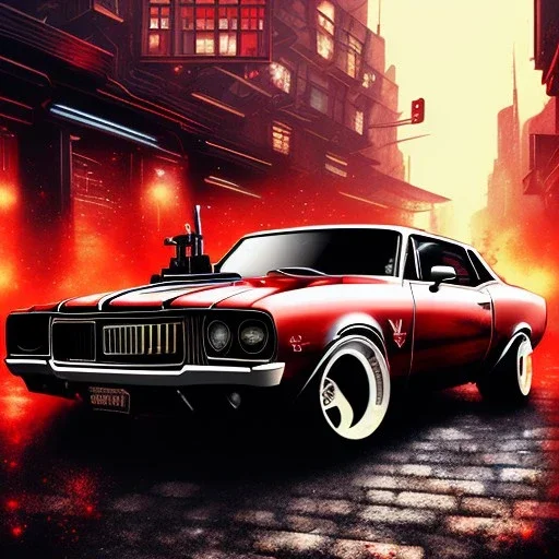  spray paint art, red and white muscle car, man in suit with big machine guns and great style, evening, seen from balcony, dirty city alley, heist action, book cover