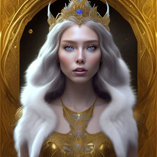 portrait of gorgeous, stunning, ice queen goddess standing next to a large wolf, intricate crystal ice crown, 8k resolution, high-quality, fine-detail, ornate, digital art, detailed matte, volumetric lighting, brian froud, howard lyon, selina french, annie stokes, lisa parker, greg rutowski,