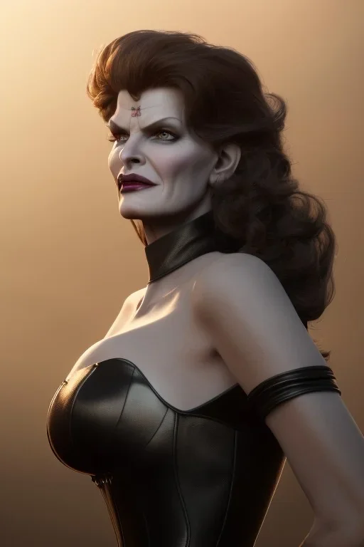 Rene Russo as evil queen in black leather, busty, cleavage, angry, stern look. character design by fenghua zhong. unreal engine 5, artistic lighting, highly detailed, photorealistic, fantasy