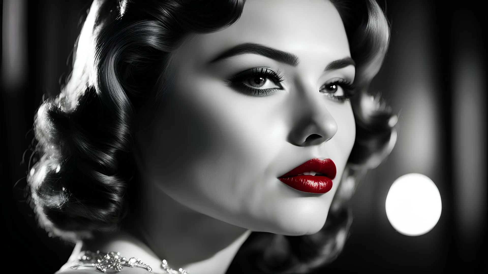 film noir style, woman, red lips, highly detailed, sharp focus, ultra sharpness, monochrome, high contrast, dramatic shadows, 1940s style, mysterious, cinematic