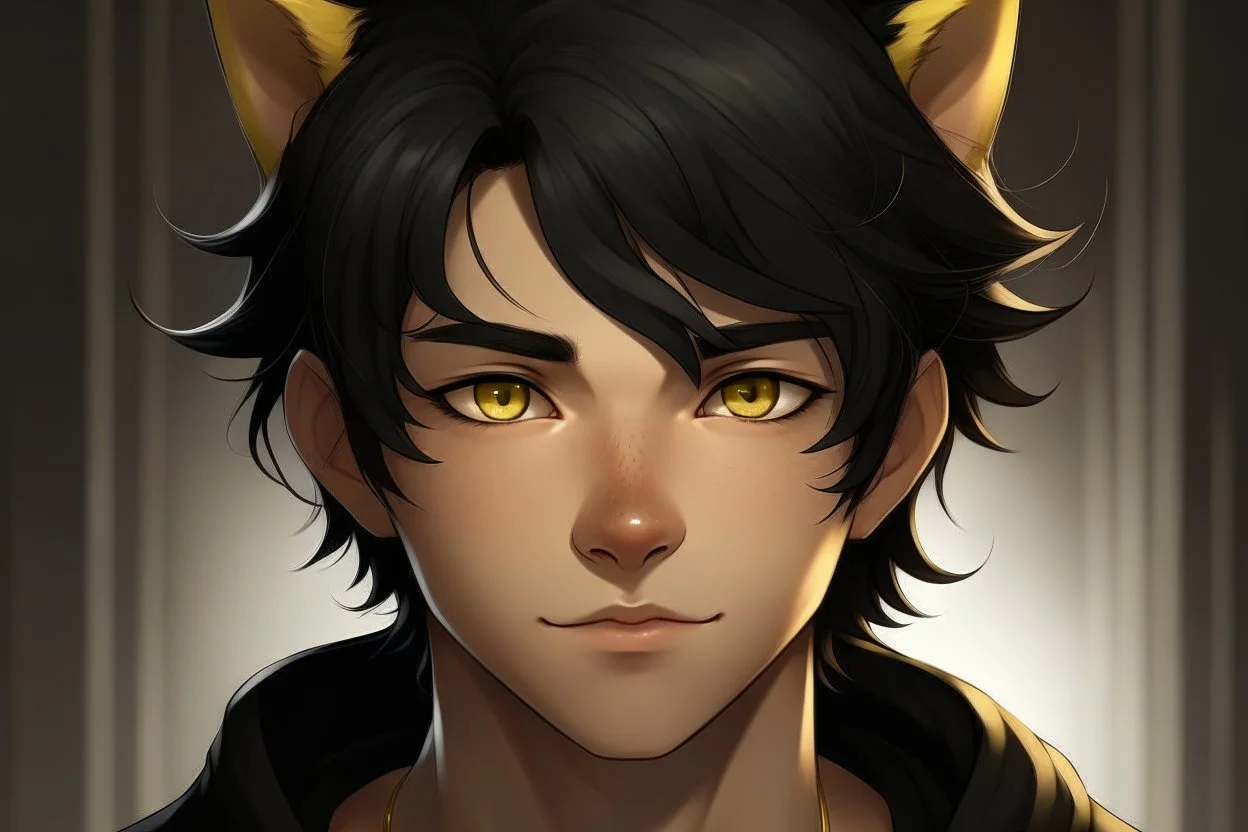 A young man with messy black hair, gold eyes, black cat ears, realistic, slight smile