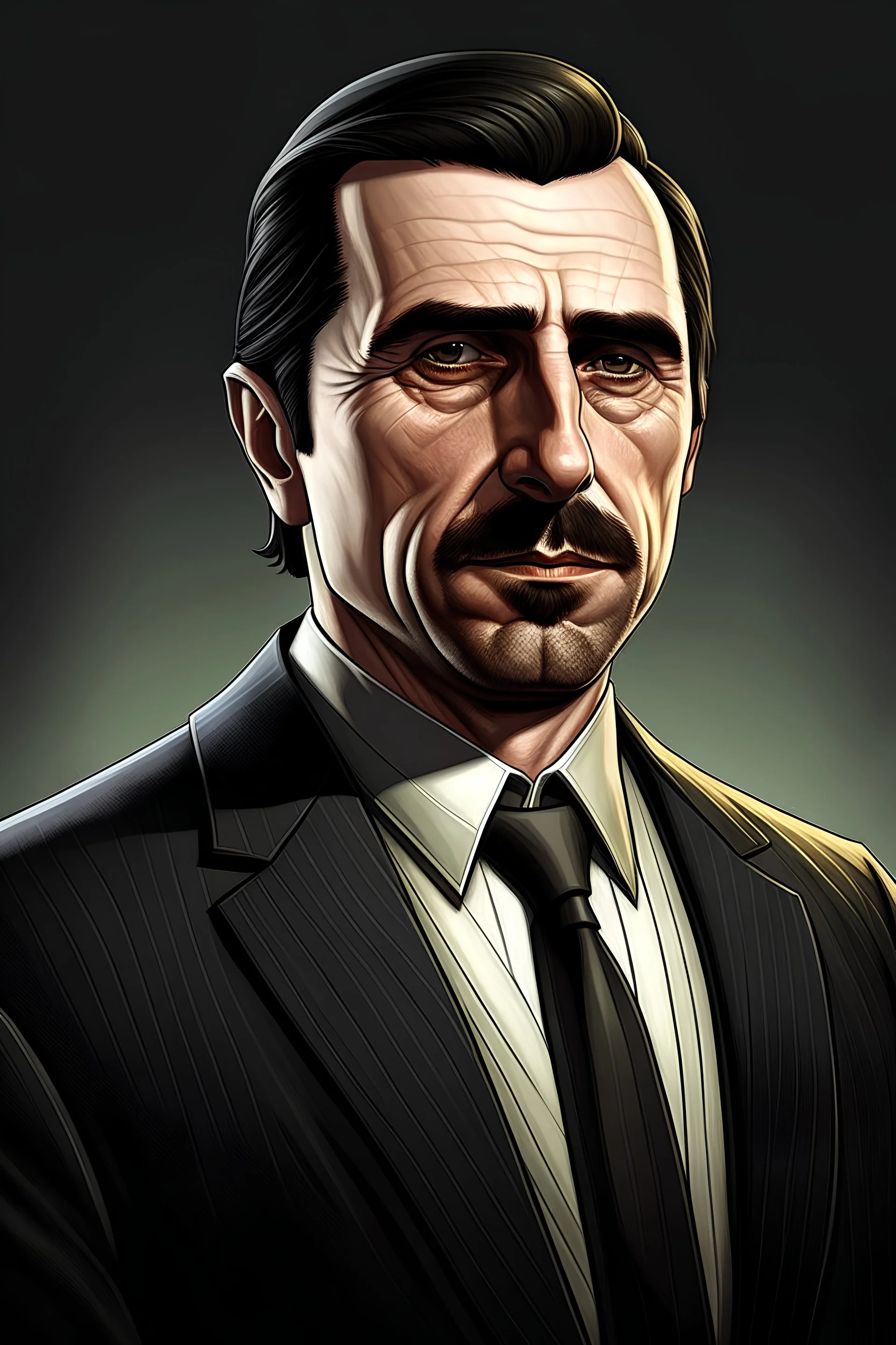 Please generate a portrait image that blends GTA5 and Godfather styles based on a young Christian Bale, highlighting the background style of GTA5, with the character dressed in a suit, well groomed and good looking.