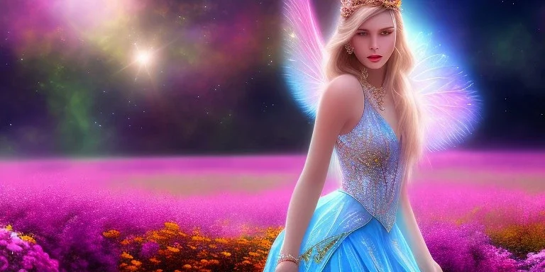 bright fairy, beautiful portrait, flowery landscape