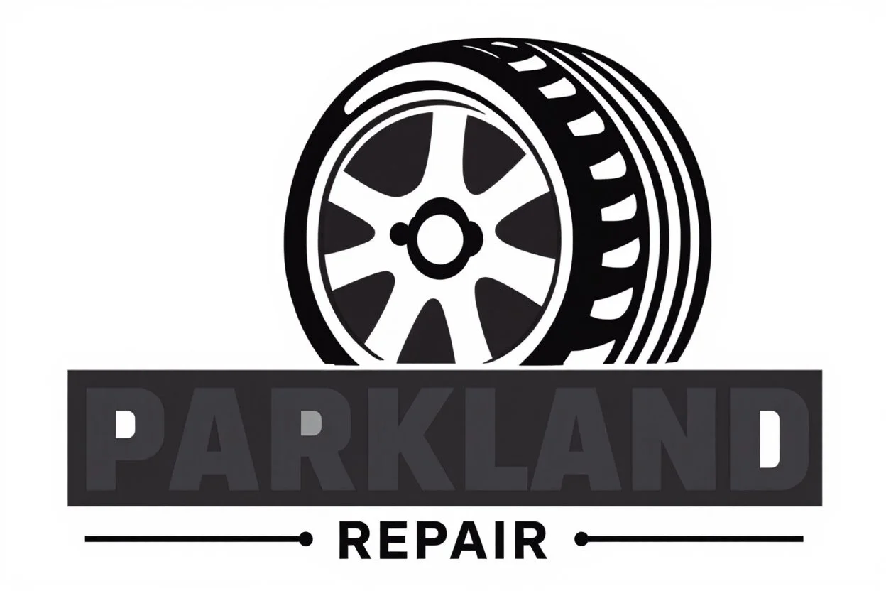 Simplified abstract logo representing Vehicle repairs tire changes and oil changes, includes text "PARKLAND" with a second line of text "REPAIR", black on white, vector