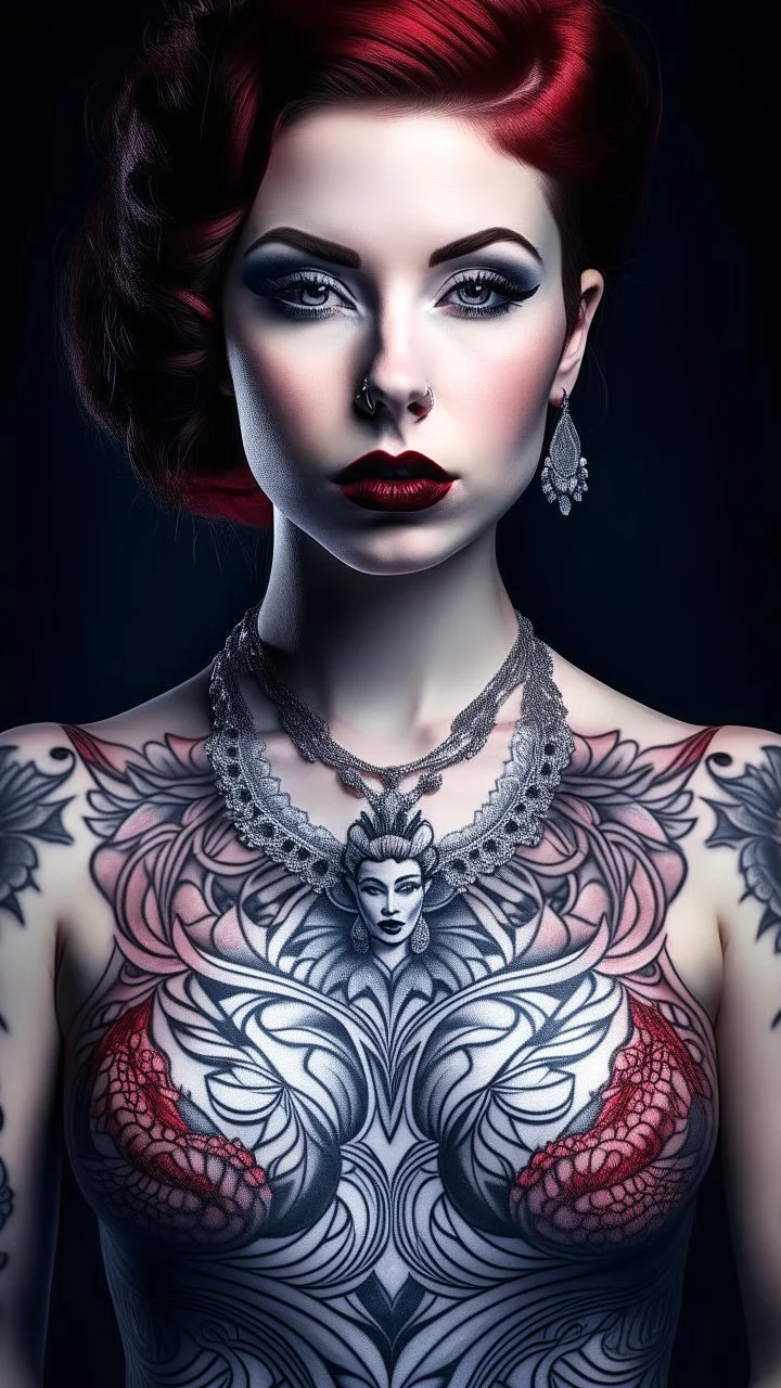 (front view, medium shot)Create a captivating visual narrative featuring Woman A, (front view, medium shot) Now, envision a tattoo on Woman A's chest, this tattoo is of a human female,who is also wearing a red dress. The transition from the woman A's crown to the human female tattoo is seamless as Both women convey a connection. Woman A is wearing a shirt that covers her chest yet still allows full view of the human female tattoo