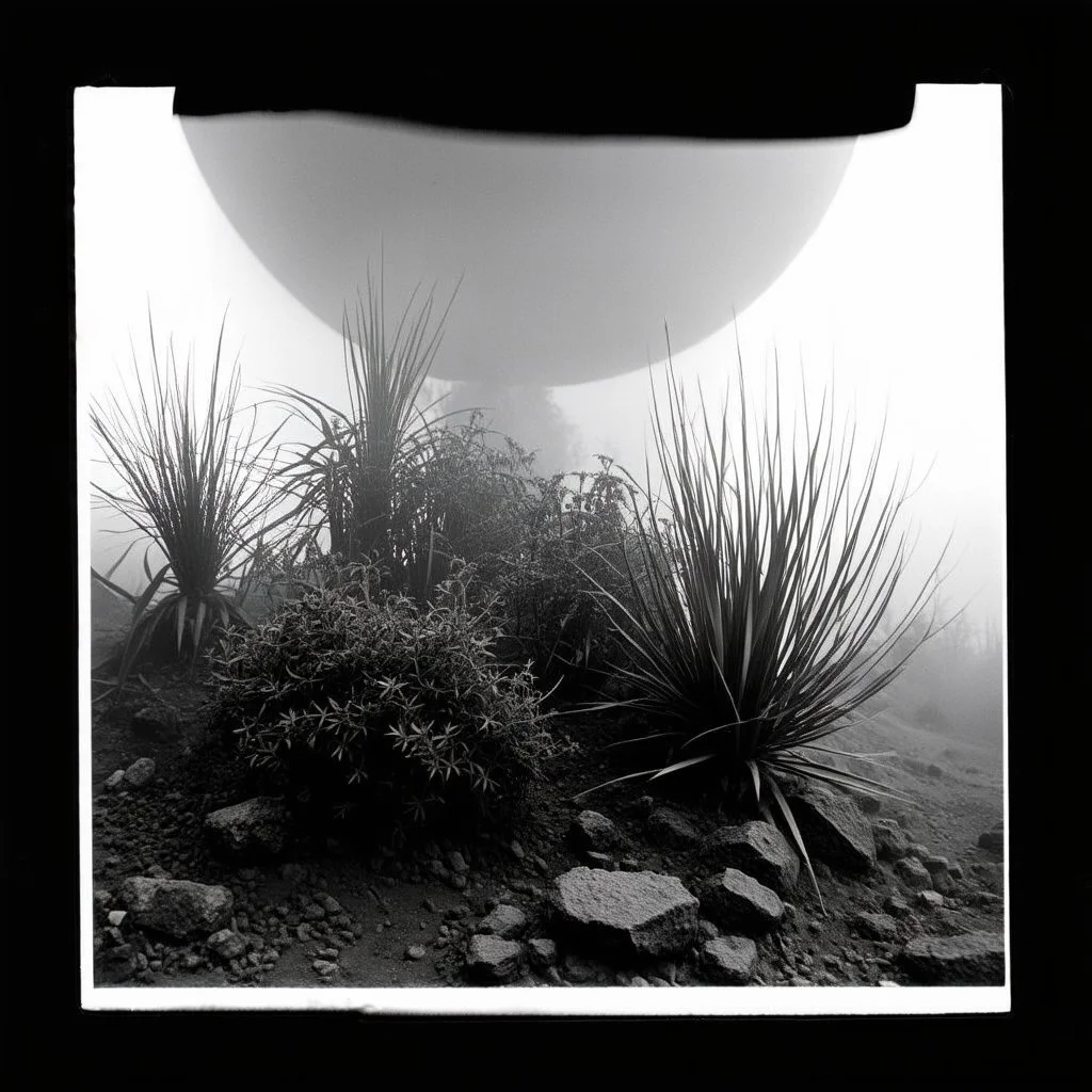 A striking quality Kodak photograph captures a wasteland with a group of plants, creepy, details of the dust very accentuated, glossy organic mass, adorned with minerals and rocks. Bathed in intense light, eerie, Max Ernst style, black sun, fog