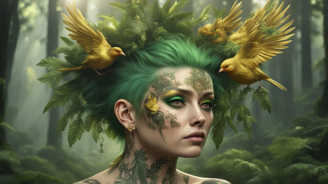 punk 45 years old, forest on head, plant hair, green plants, golden birds, golden makeup, tattoo, shiny aura, very detailed, fine rendering, high detail, high resolution, 8K