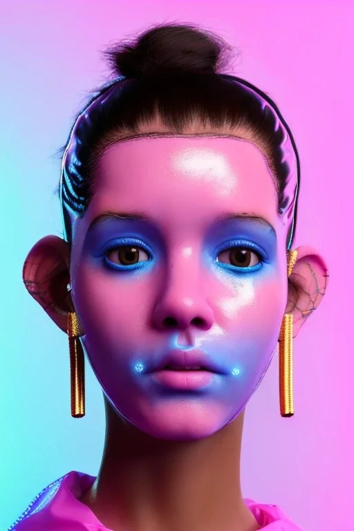 Ultra Realistic image, Rosalía artist, portrait, normal complexion, waist up portrait, two monkeys hair ,black eye long line, sweet face, t-shirt with holes, inflatable open coat, gold pink and blue style, spray glow make up, geometric led jewelry, fog, hot, inflatable style latex coat, vibrant color, highly detailed, art stations, concept art, smooth, unreal engine 5, god rays, ray tracing, RTX, lumen lighting, ultra detail, volumetric lighting, 3d, finely drawn, high definition, high resoluti