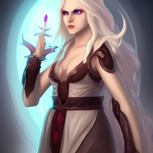 Female Aasimar Warlock dungeons and dragons character, with pale hair and glowing eyes