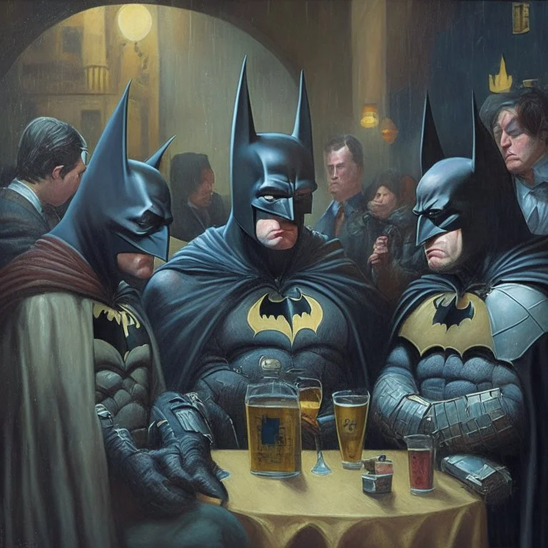 An oil painting of a dark universe masonic sad drunk batman convention, diferent colors batmans