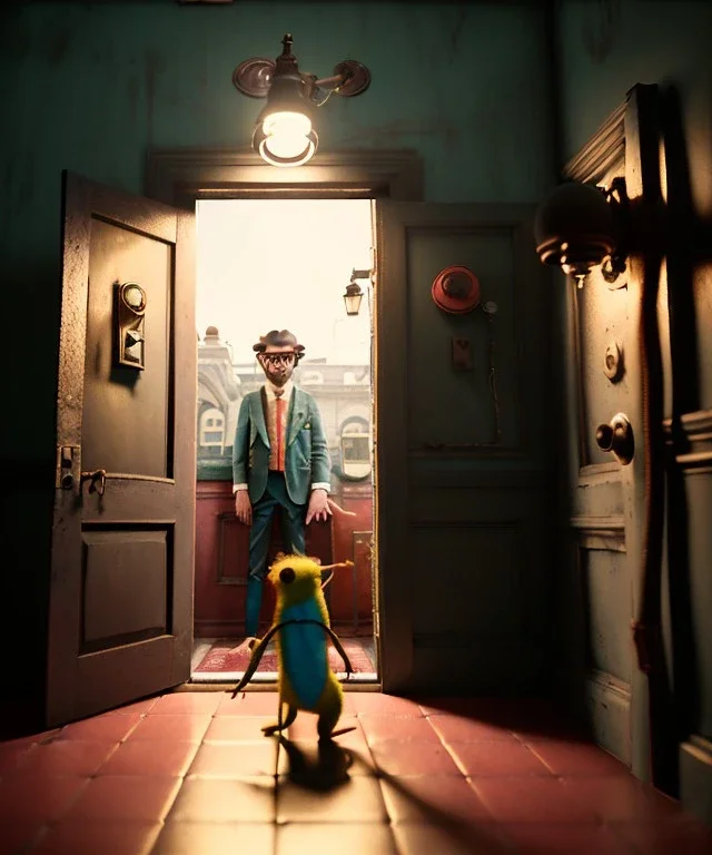 Wes Anderson photographer, night, monster peeking behind the ajar door, Ultra realistic, punk style, wide angle view, soft color, highly detailed, unreal engine 5, ray tracing, RTX, lumen lighting, ultra detail, volumetric lighting, 3d, finely drawn, high definition.