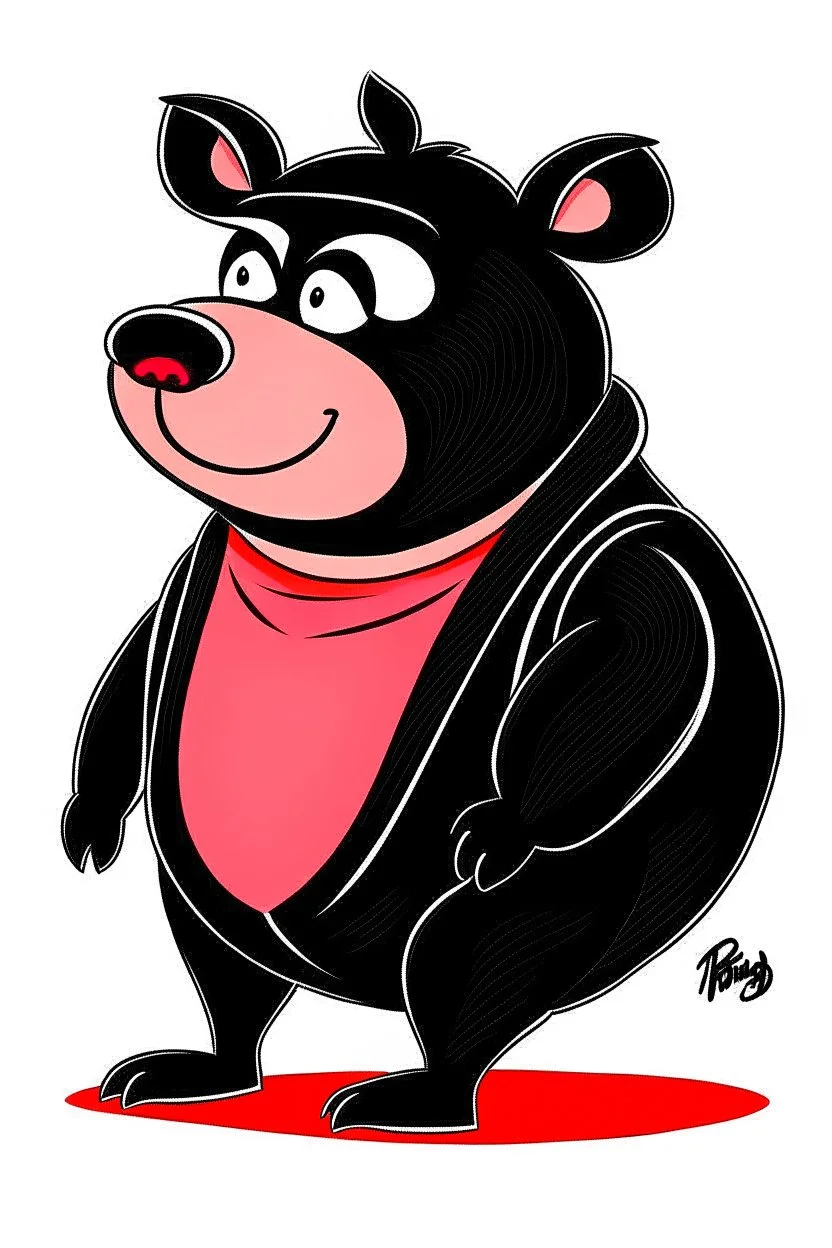 Pig in a black bear costume, in the style of early Hanna-Barbera
