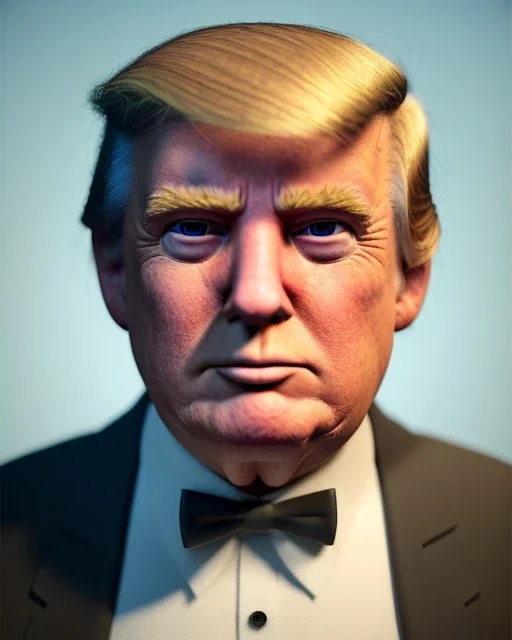 Waist up Portrait, Donald trump muppet, Wes Anderson style, photo studio, unreal engine 5, god lights, ray tracing, RTX, lumen lighting, ultra detail, volumetric lighting, 3d.