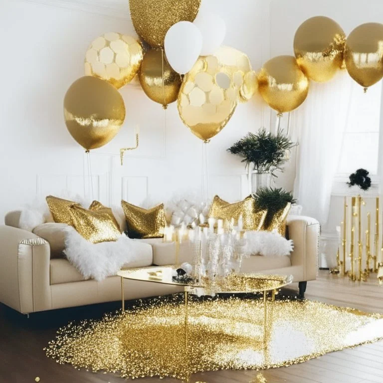 A picture of a living room with gold party decoration