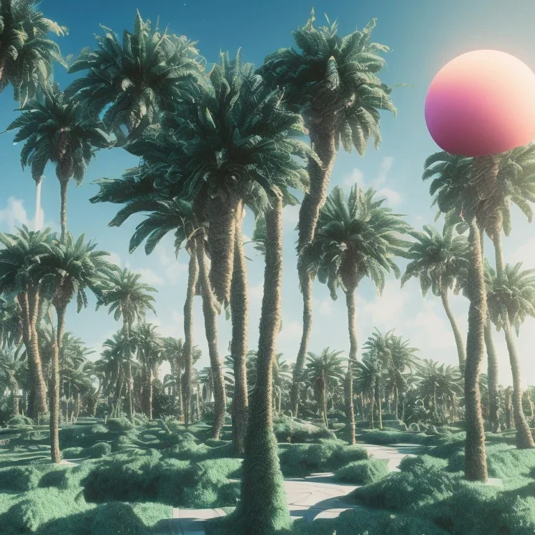 1980's aesthetic vaporwave curvy palm trees with spheres and ufo