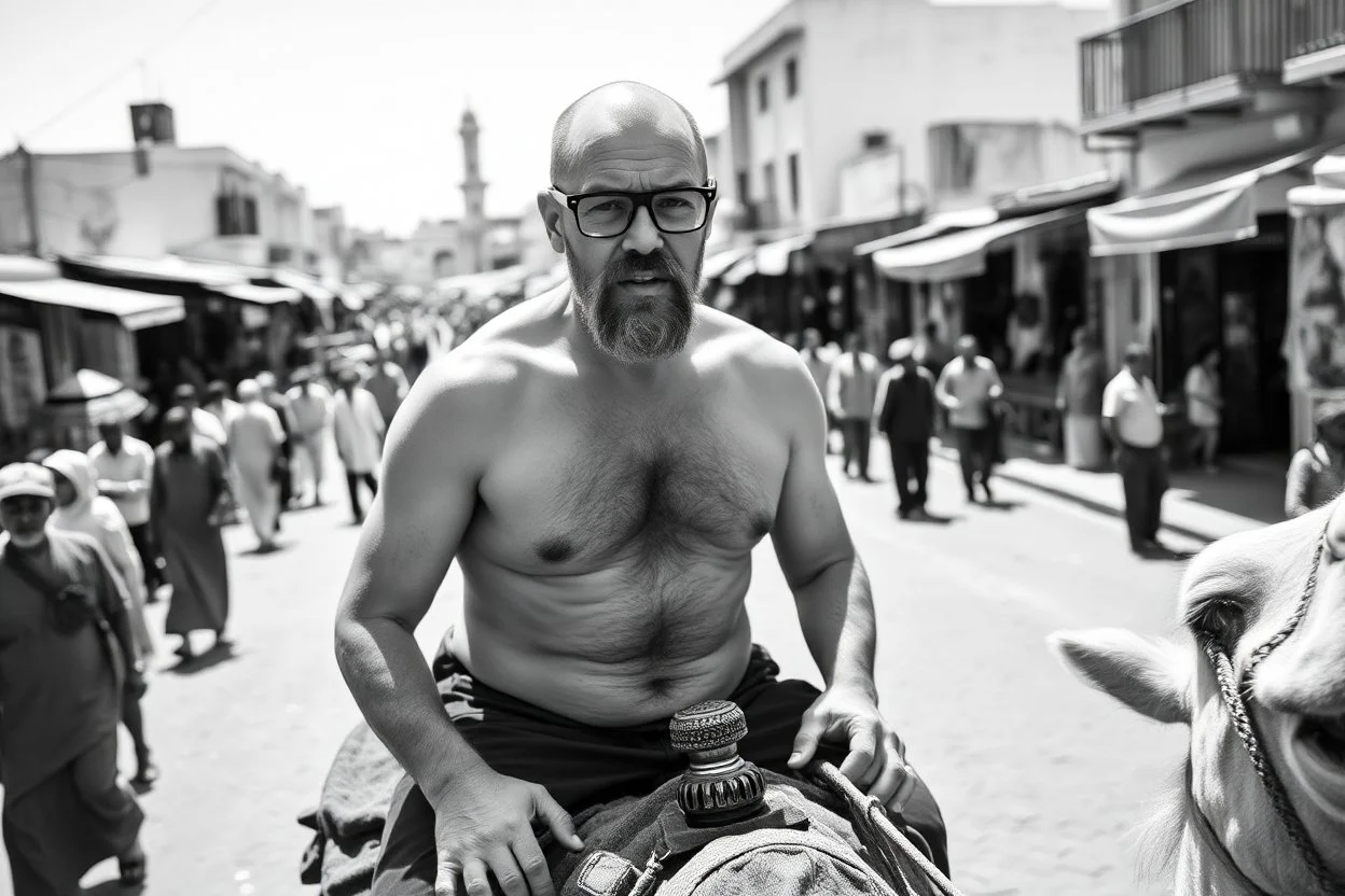man looking like "Walter White" in breaking bad tv show, bald and goatee glasses, with bare chest riding on a camel in a alley Casablanca town, panorama, black and white photo, lot of markets and people in background