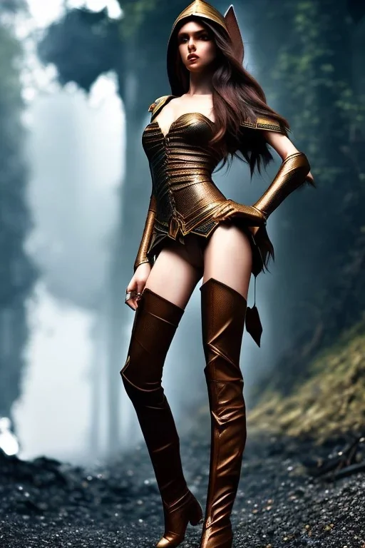 brunette elf, 8k, ultrarealistic, dynamic pose, complete body, legs