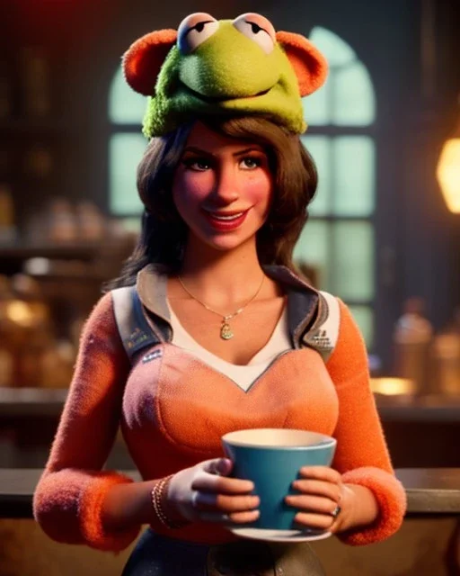 waitress British woman with muppet mask that covers her entire head, green, retro style, Sesame Street style, smooth, unreal engine 5, god lights, ray tracing, RTX, lumen lighting, ultra detail, volumetric lighting, 3d.