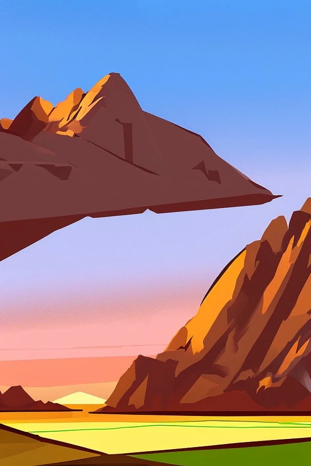 big rock mountains with and orange dawn sky with no clouds. mountains closer to the camara, comic style