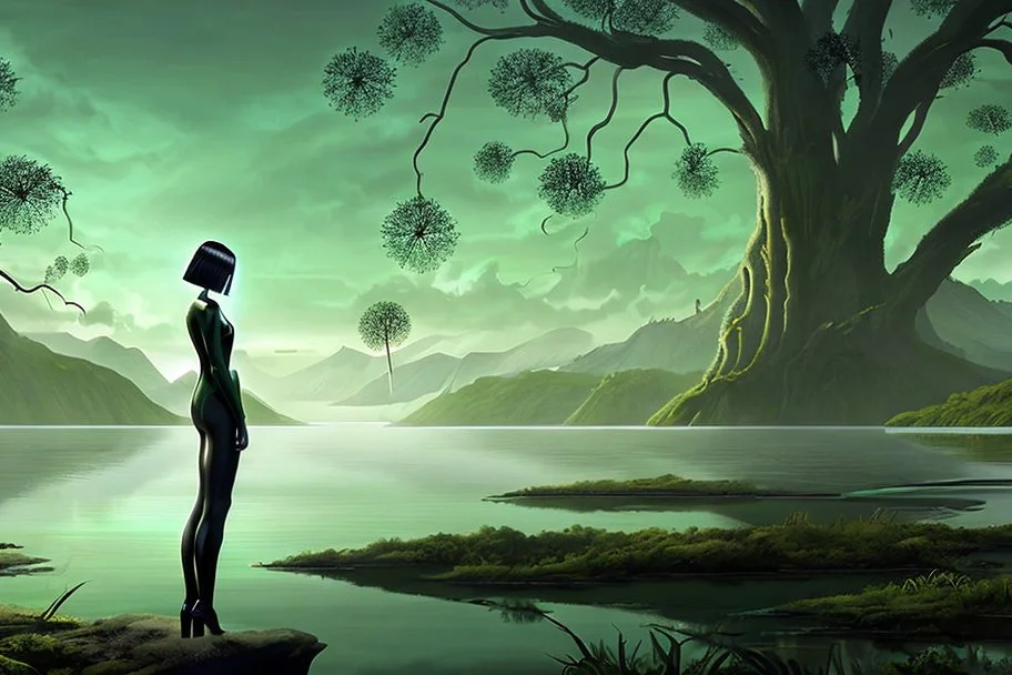 A skinny woman with a black bob hairstyle, in a green and silver suit, standing, looking out over a lake, in an alien forest, with tall narrow cloud trees, with flying dandelion heads with octopus tentacles