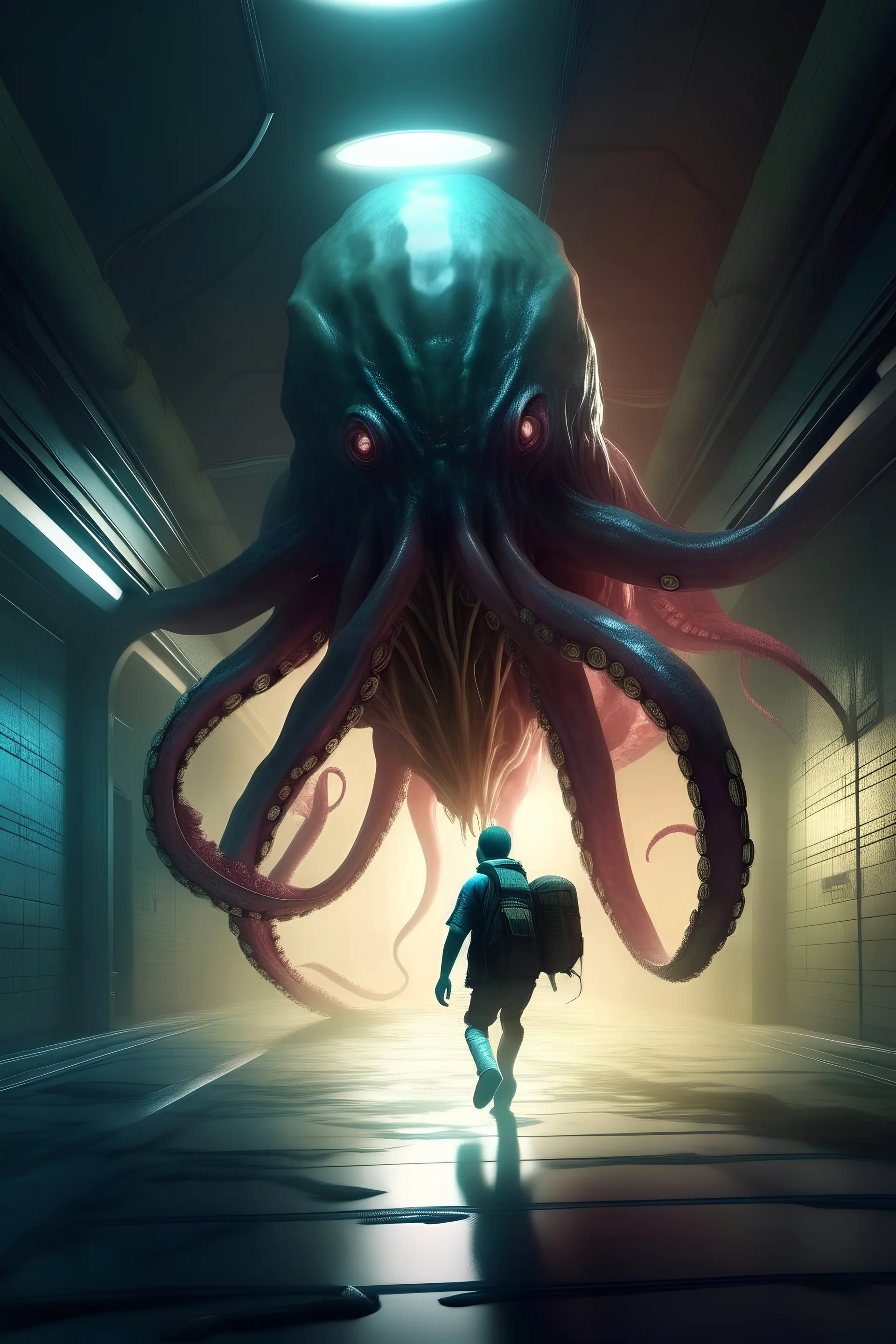 A otherworldly tentacled monster, stepping out of rift, people running in fear, cinematic lighting, ray tracing,retro sci fi art