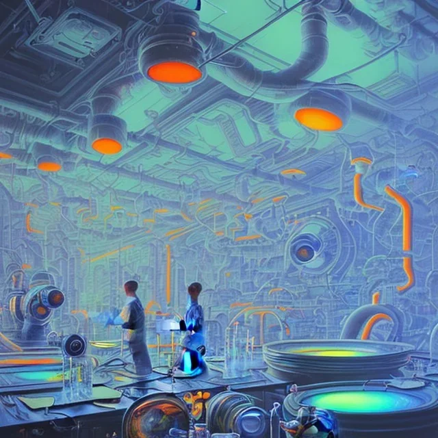 group of scientists is in the laboratory. invent new colors. smoke rises from multi-colored glassware. they are wearing overalls. color swatches in the background. hyperdetailed, orange and teal, warm colors, detailed painting, photorelistic, oil on canvas, light dust, futuristic. volumetric lighting