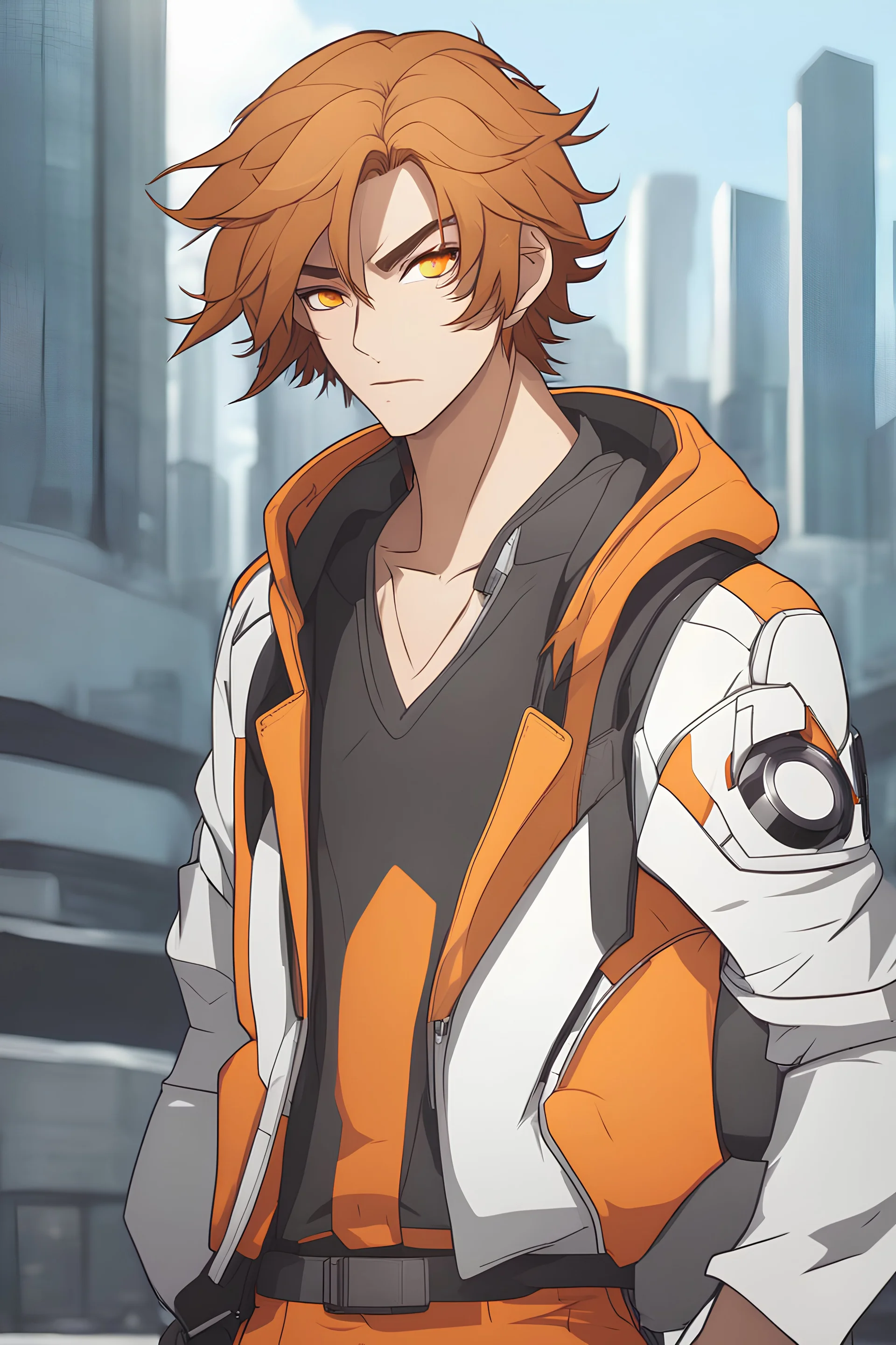 Young man with vivid orange and hair, vivid yellow eyes, smug, orange and brown futuristic clothes, wearing an eyepatch, urban background, RWBY animation style