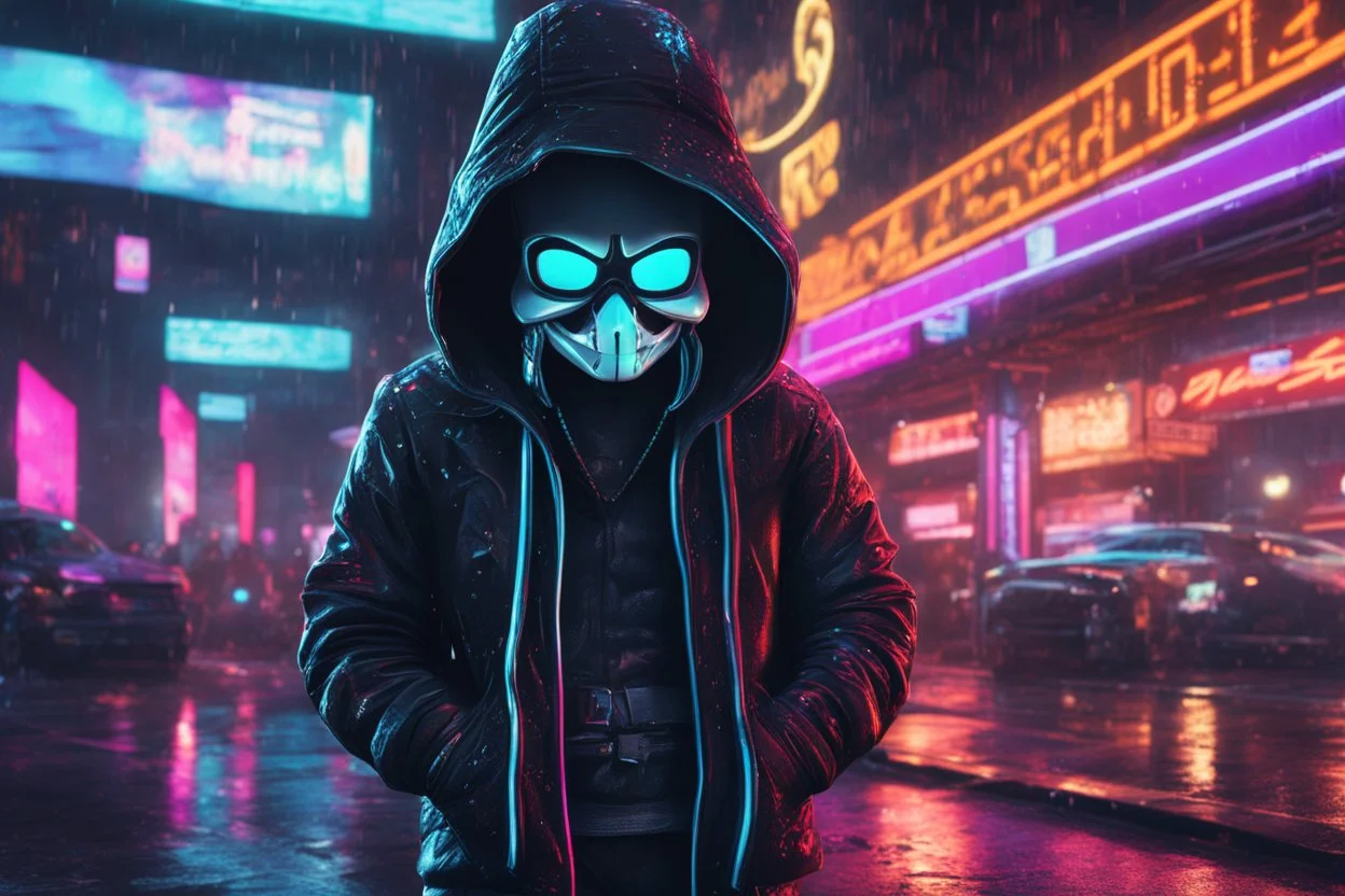 Sans in 8k cartoon artstyle, hacker them, neon effect, close picture, rain, fantasy world, intricate details, highly detailed, high details, detailed portrait, masterpiece,ultra detailed, ultra quality