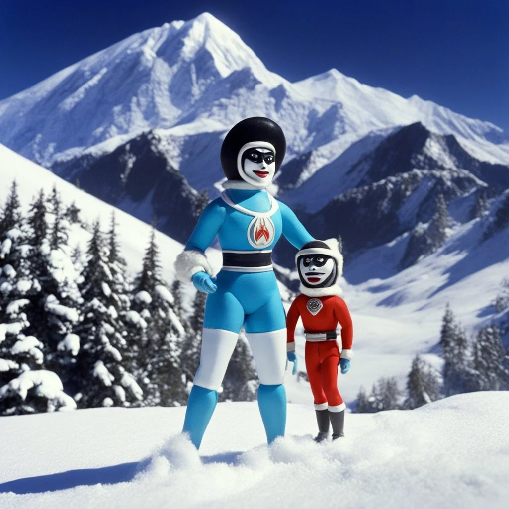 [1960’s stop-motion animation style of Reina del Invierno in Mexico] a 70s advertisement video TV for Olympic Games featuring elite cold weather athletics, La Abominable crystallizes the very air around her, challenging any luchadora to defeat her on the slopes of the mountain; as a claymation character toy from a claymation horror movie in burning rainbow land, from hell, creepy Videos, strange creatures everywhere , as old advertisement shot on video VHS