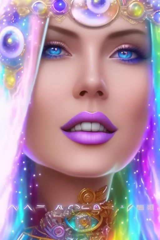 cosmic woman smile, admiral from the future, one fine whole face, crystalline skin, expressive blue eyes,rainbow, smiling lips, very nice smile, costume pleiadian, Beautiful tall woman pleiadian Galactic commander, ship, perfect datailed golden galactic suit, high rank, long blond hair, hand whit five perfect detailed finger, amazing big blue eyes, smilling mouth, high drfinition lips, cosmic happiness, bright colors, blue, pink, gold, jewels, realist, high commander