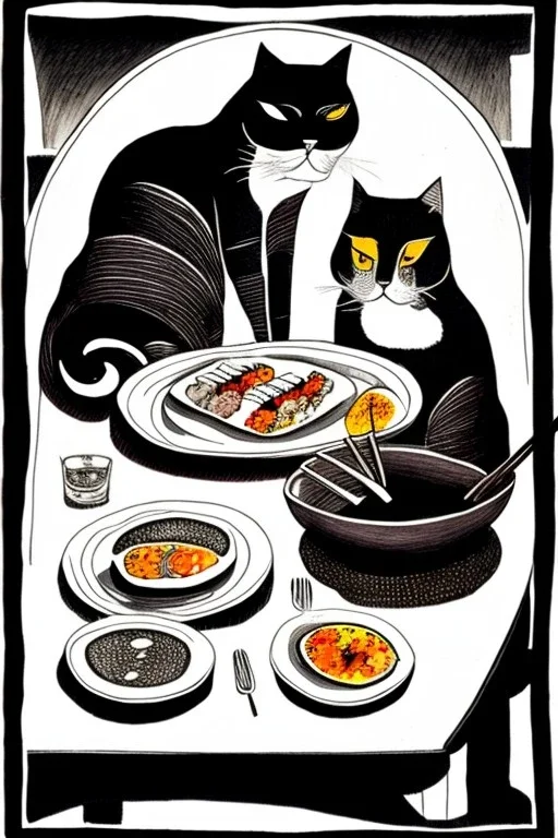 Two cats, sitting at a table, eating sushi,perfect iris, ink and pencil, style Elisabeth Kreitz