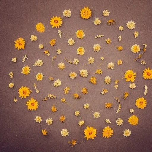 circle arrangement of small pressed dried flowers, aesthetic layout, beautiful composition, vintage, brightly lit, tender