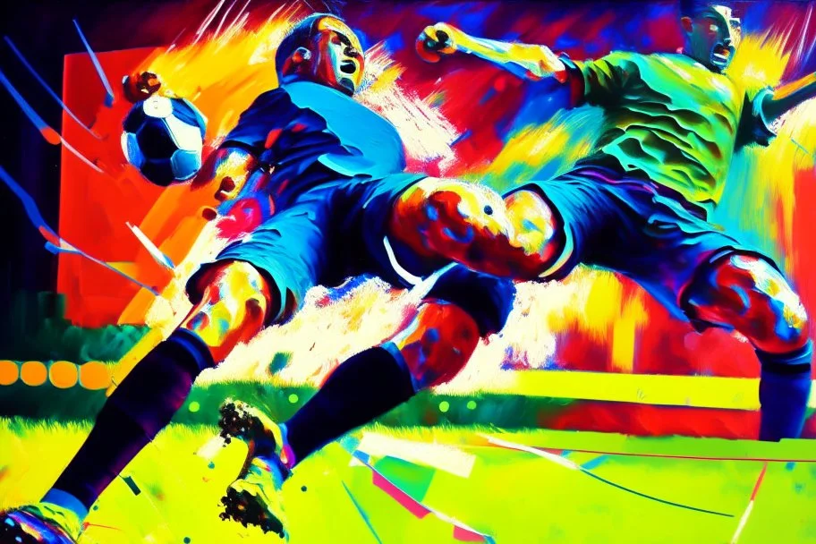 Oil painting, football match, the striker is kicking a goal, the ball is flying, bright but not neon colours, dynamic lines, dynamic blobs, spots, lines in the background of the character, like a colour explosion, A visually striking piece filled with dynamic brushstrokes, reminiscent of the impasto technique used in Vincent Van Gogh's Post-Impressionist paintings. The composition features bold colors and unblended strokes, creating a sense of depth and movement that defies traditional art style