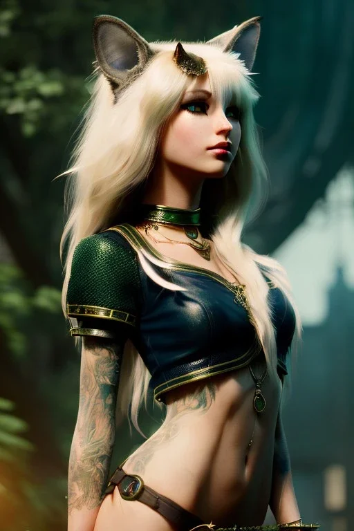 Druid character, young woman, cat ears, blonde hair, long hair, green eyes, scars on body, waist up portrait, 4k resolution, intricate details, ornate details, soft lighting, vibrant colors, retroanime, masterpiece, intricate eyeliner, dark eyeshadow, eyes, intricate tattoos, futuristic cityscape background