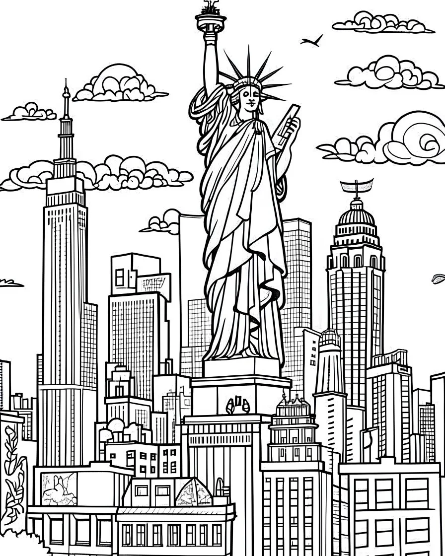 Craft a captivating black and white coloring page that showcases the iconic New York City skyline at sunset, featuring towering skyscrapers and the Statue of Liberty against a white background, suitable for both kids and adults to enjoy.