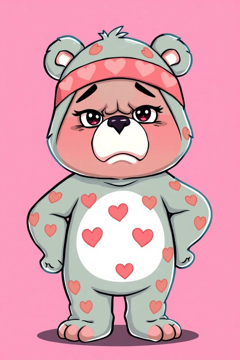labubu dressed as a grumpy care bear, cartoon on solid background color
