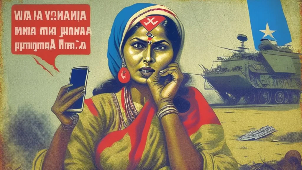 indian lady on phone with warning poster of russian war propaganda