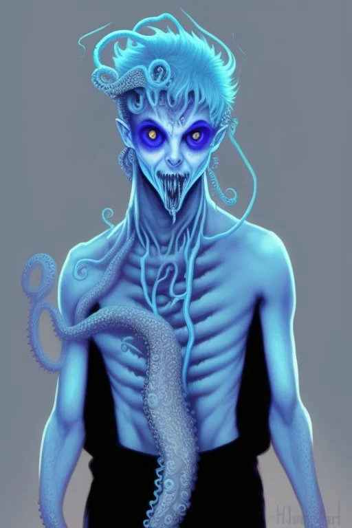 16 year old boy warlock with milky blue eyes, and fanged tentacle growing out of his belly. in the style of HR Giger