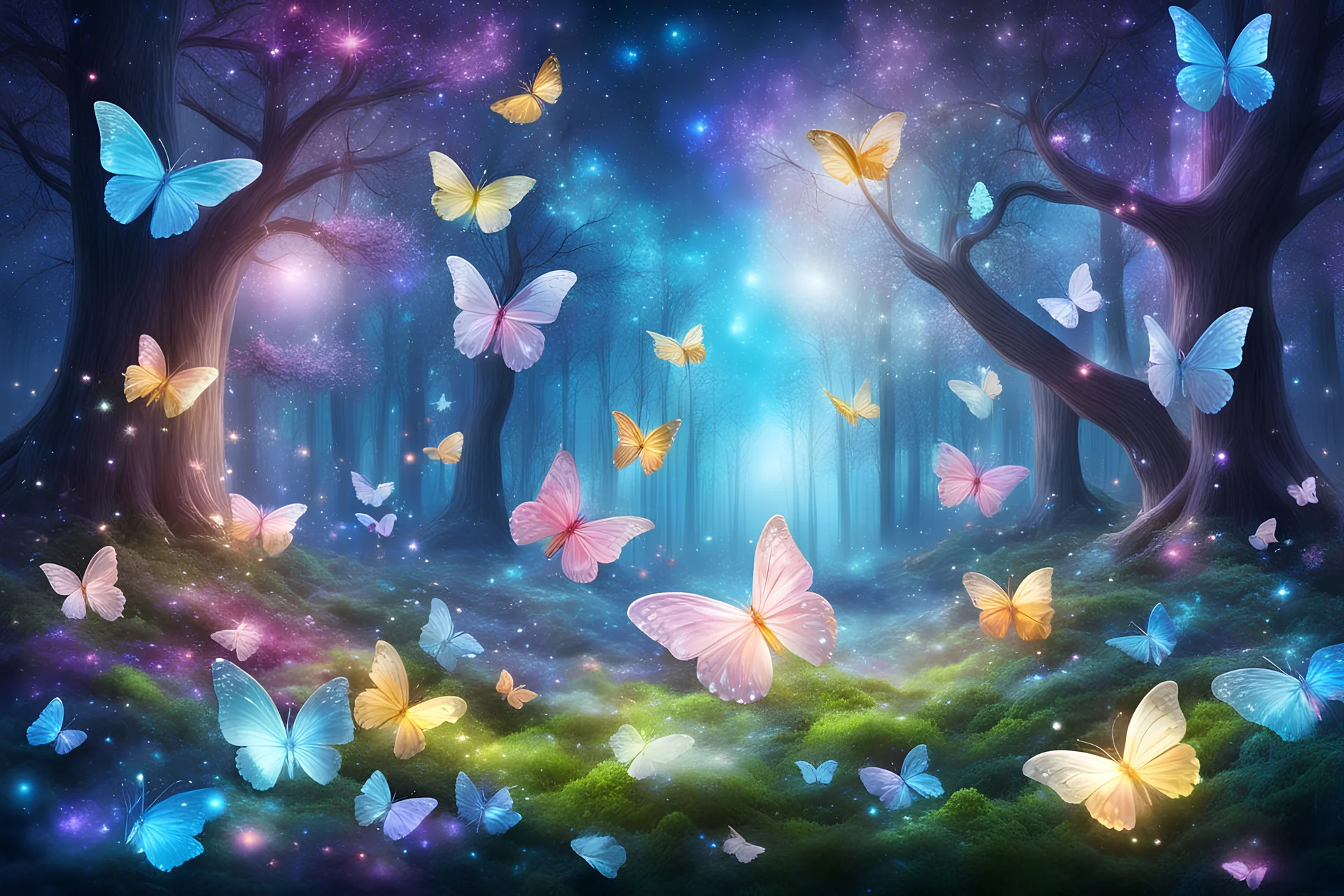 fairy forest with Cristal flower and colored magic trees in the background a cosmic sky with bright stars and shine beam and luminescent Cristal white butterflies