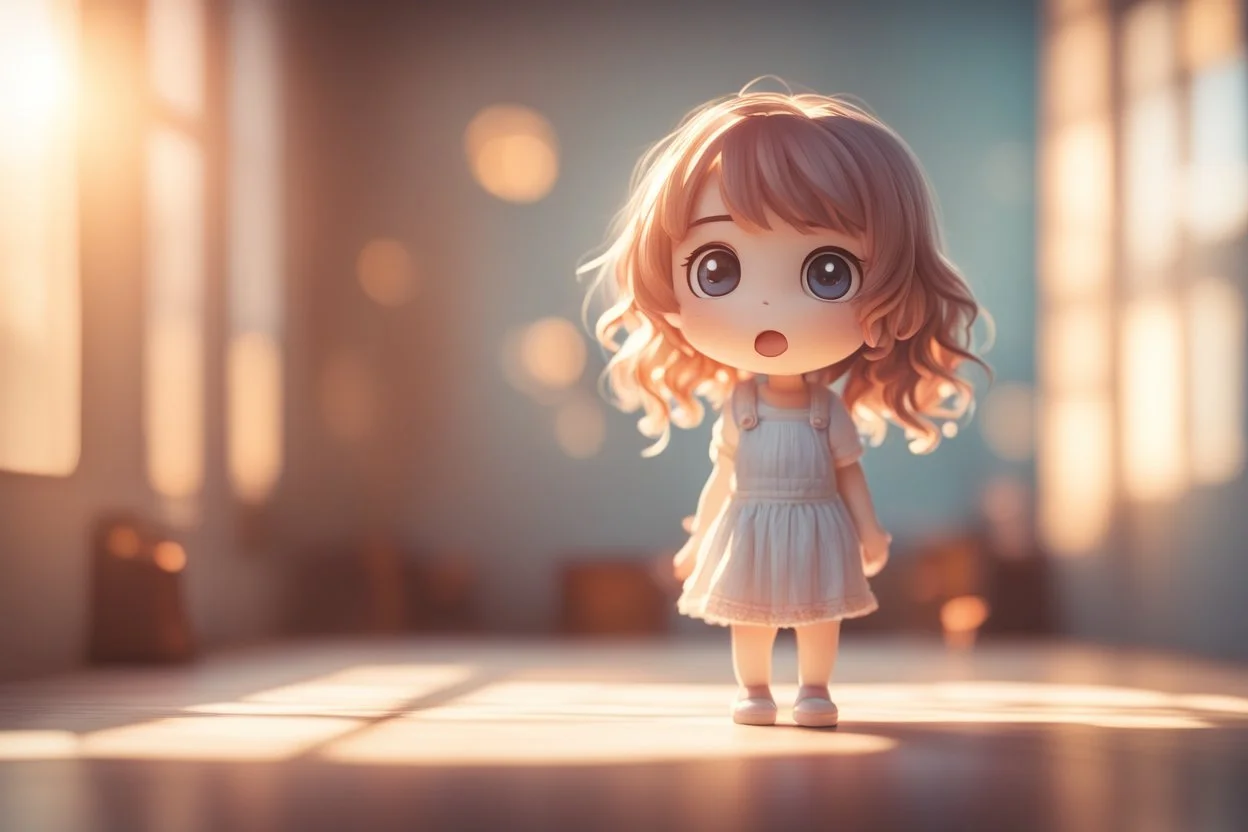 cute chibi girl on a room scale, looking at it with a terrified expression, in sunshine, ethereal, cinematic postprocessing, dof, bokeh