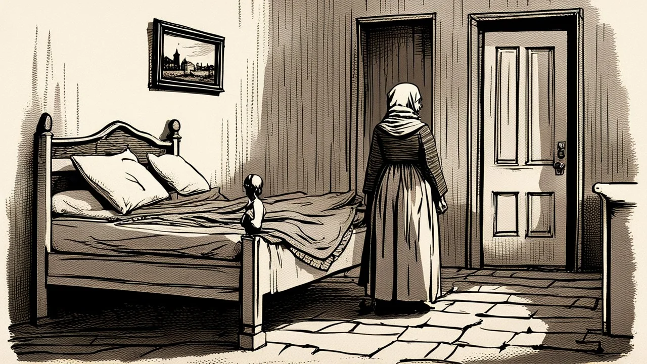 in front of the picture from the back, an old woman in a black and gray vintage villager dress and in a gray headscarf standsat the end of an old bed, on bed lies Evica a young woman with dark blond hair , bloody thighs and legs, you can see her face, the little old room, old, village environment, little light, shadow in the corner, dramatic atmosphere, high detailed, sharp focus, high realistic, thriller mood, perfect photo