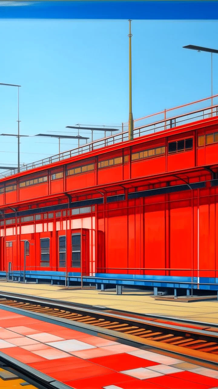 An orangish red industrial train station painted by Piet Mondrian